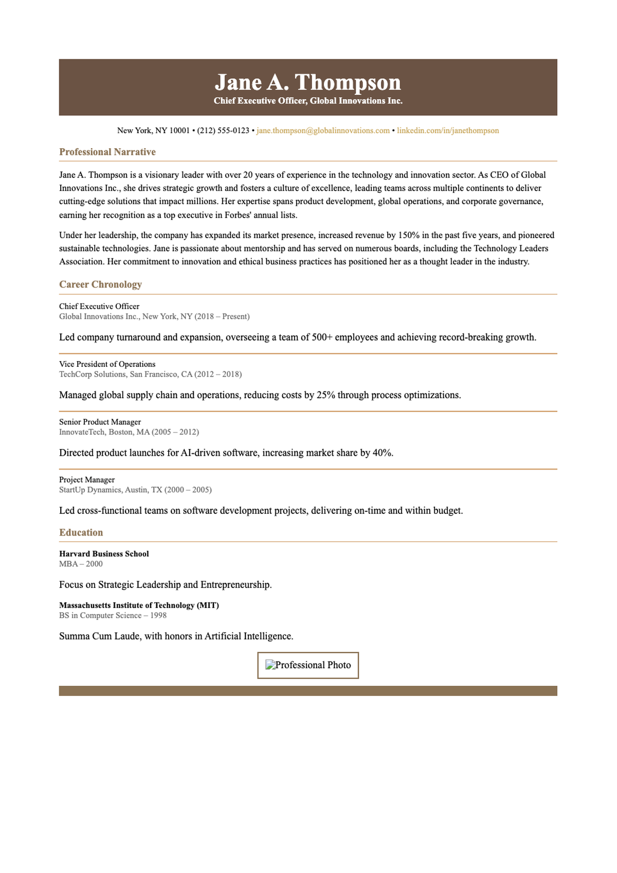 C Suite executive board candidate resume with career chronology and photo_variant_2
